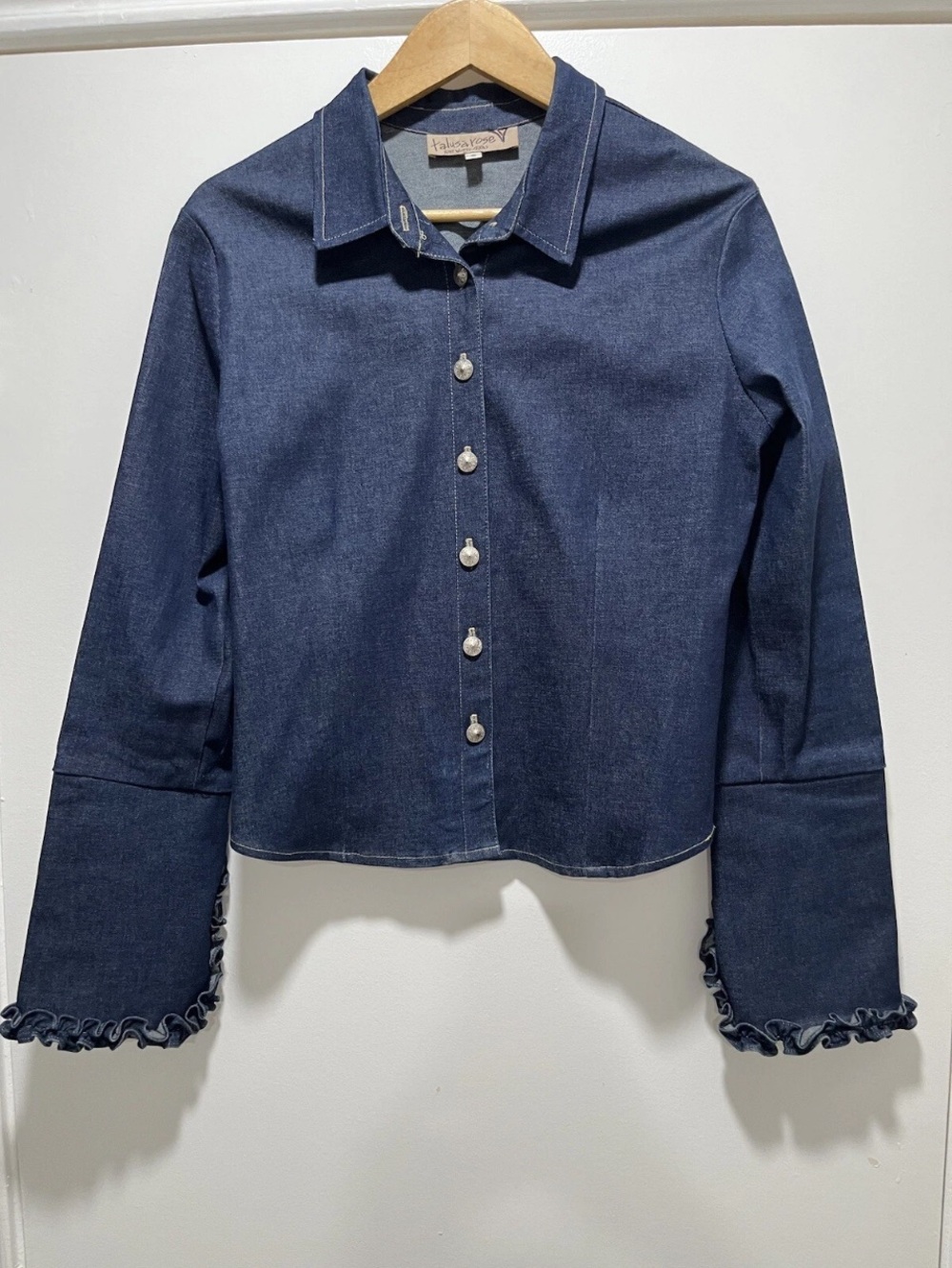 Talusa Rose Denim Ruffled Long Sleeve Western Cowgirl Button Up Shirt Small RARE